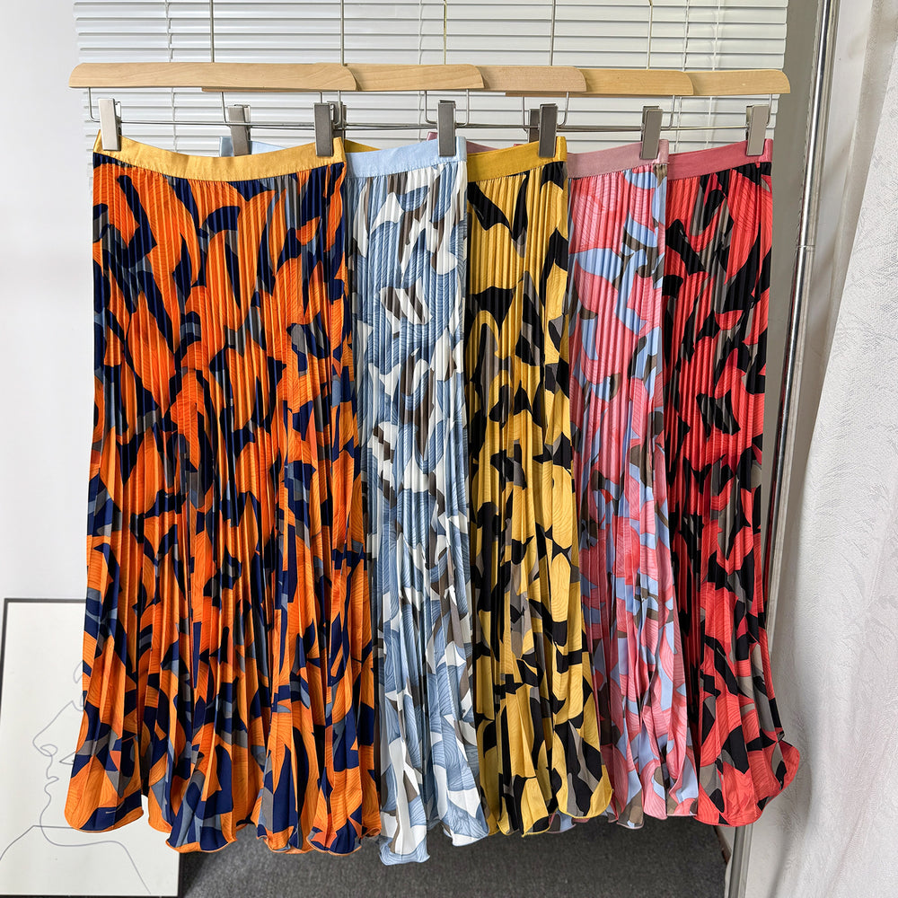 Exportsweeteasiest for matchpleated skirt large swing printing skirt women's frenchhigh waista-line medium long pleated skirt
