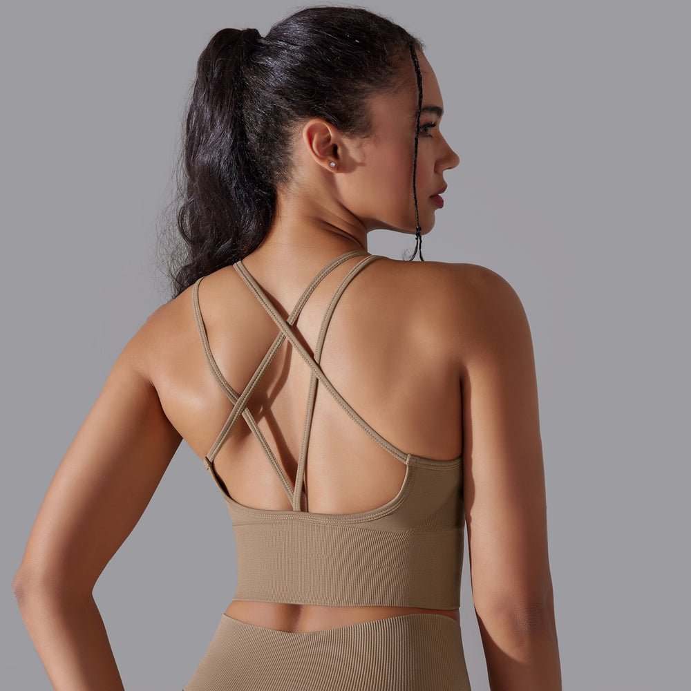 fashion seamless pure color cross back sports bra vest yoga suit running fitness three-piece set