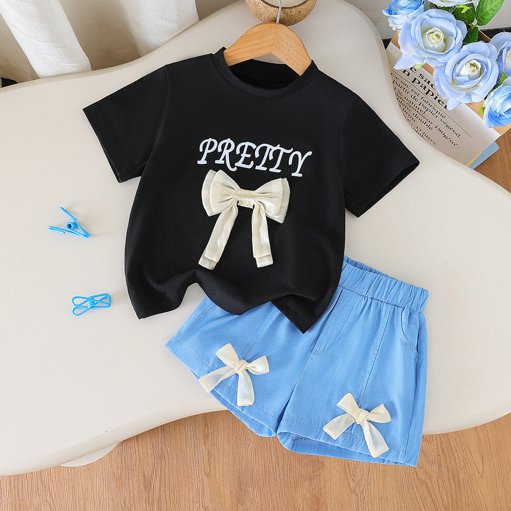 summer girls' outfit: round neck letter print top with sky blue shorts and bow detail - kids' two-piece set