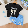 summer girls' outfit: round neck letter print top with sky blue shorts and bow detail - kids' two-piece set