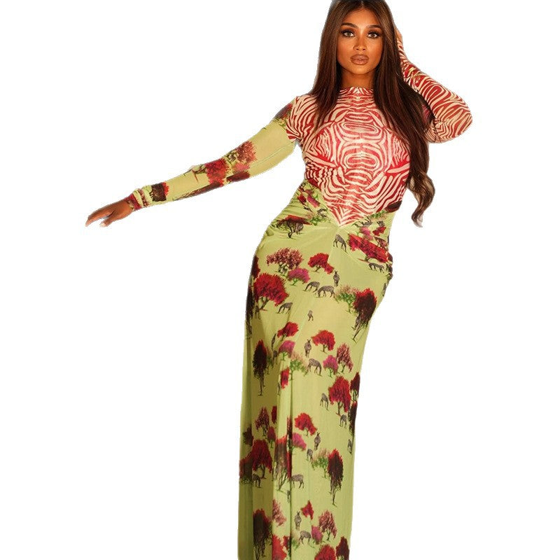 European and american style cross-border  women's fitted print patchwork bodycon dress - round neck, long sleeve, unique and fashionable