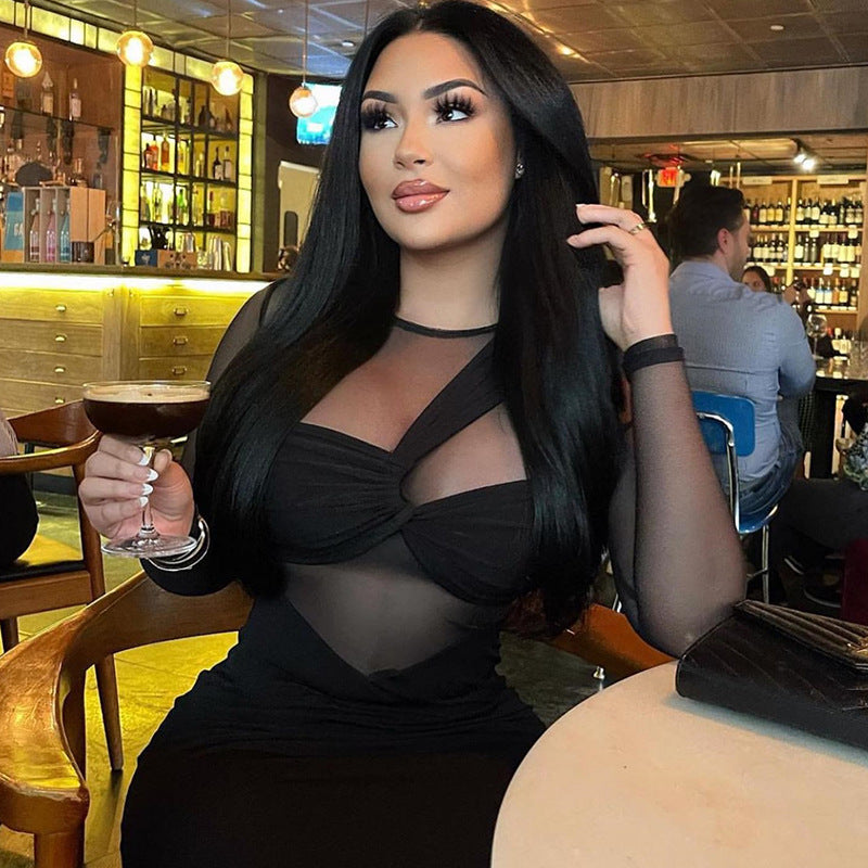 European and american women's clothing cross-border trade manufacturer  new round neck mesh panel long sleeve midi bodycon dress
