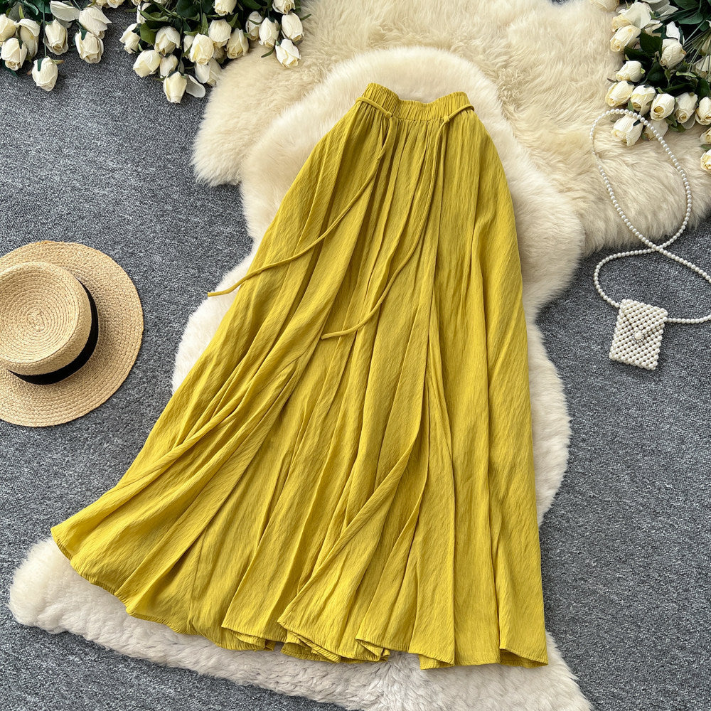 K-style high waist lazy style pleated a-line skirt for women spring and summer large swingeasiest for matchelegant gentle long skirt