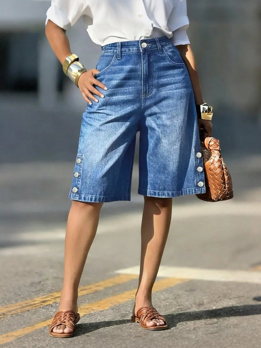 Fashionjeans women's high waist side button wide leg half length pants dark blue washed side button loosejeans