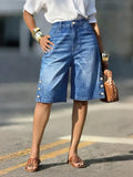 Fashionjeans women's high waist side button wide leg half length pants dark blue washed side button loosejeans