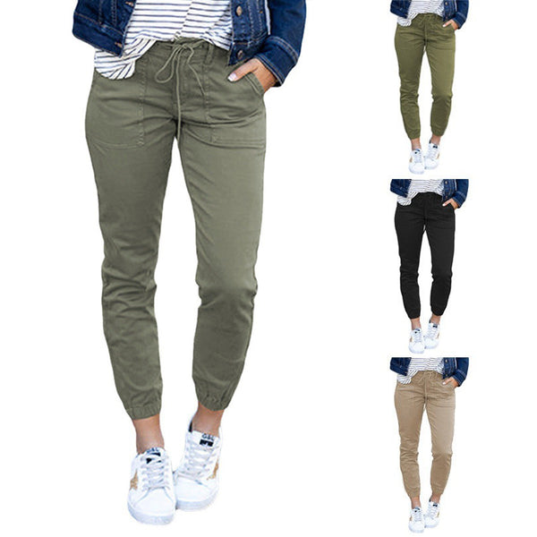 2025 Cross-border women's slim-fit pocket nine-point pants  lace-up casual tied feet show long legs, slim and thin