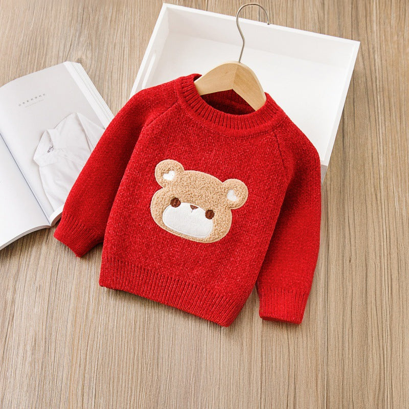 24winter christmas kidssweater chenille thickened boys and girls cartoon bear new year's greetings knittingsuit