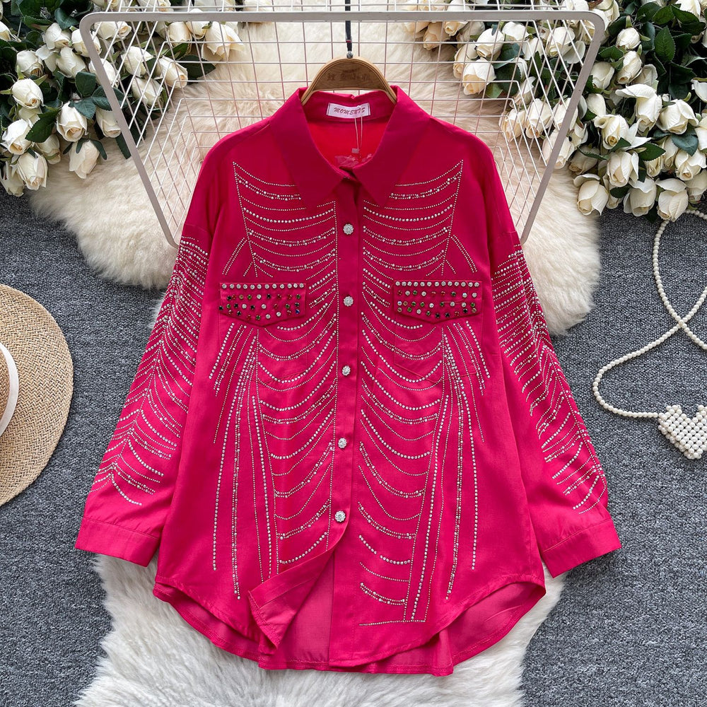 European fashion diamond-embellished long-sleeve shirt for women,  new arrival, relaxed fit, casual loose single-breasted top