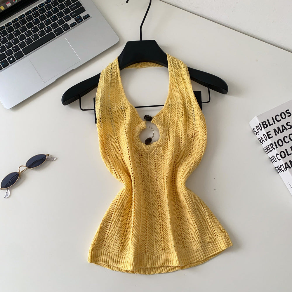 Korean style halter knit cutout camisole - women's summer outerwear, designer cutout slim fit, commute chic top