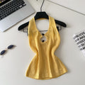 Korean style halter knit cutout camisole - women's summer outerwear, designer cutout slim fit, commute chic top