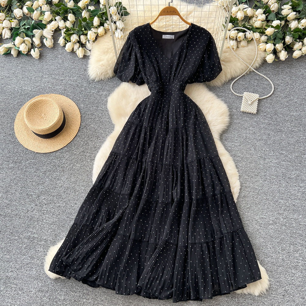 Frenchv neck small diamond elegantdress women's summer k-style waist slimming look a-line cake long skirt dopamine style