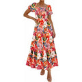 Amazon fashion short-sleeved square neck pleated dresssummernew arrivala-line elegant beach skirt