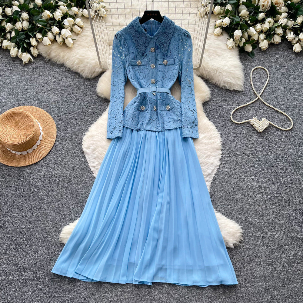 Vintage lace patchwork heavy-duty lapel dress - women's spring/autumn long sleeve a-line maxi dress - commute-friendly, high-end style