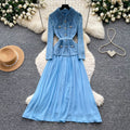 Vintage lace patchwork heavy-duty lapel dress - women's spring/autumn long sleeve a-line maxi dress - commute-friendly, high-end style