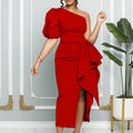 European and american women's clothing  summer new arrivals: ol style elegant waist-cinching puff sleeve one-shoulder banquet slit dress, european and american style dress
