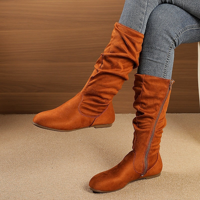 Exportplus sizeknee socks boots women's fall and winternew arrival side zipper pleated pile boots flats suede western boots wholesale