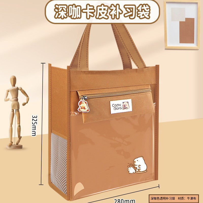Kapibara bag tutoring bag, primary school student tote bag, book bag, large capacity canvas tutoring file bag, desktop storage