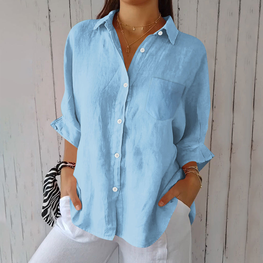 european and american  spring new arrival cotton linen button pocket shirt jacket loungewear casual women's top