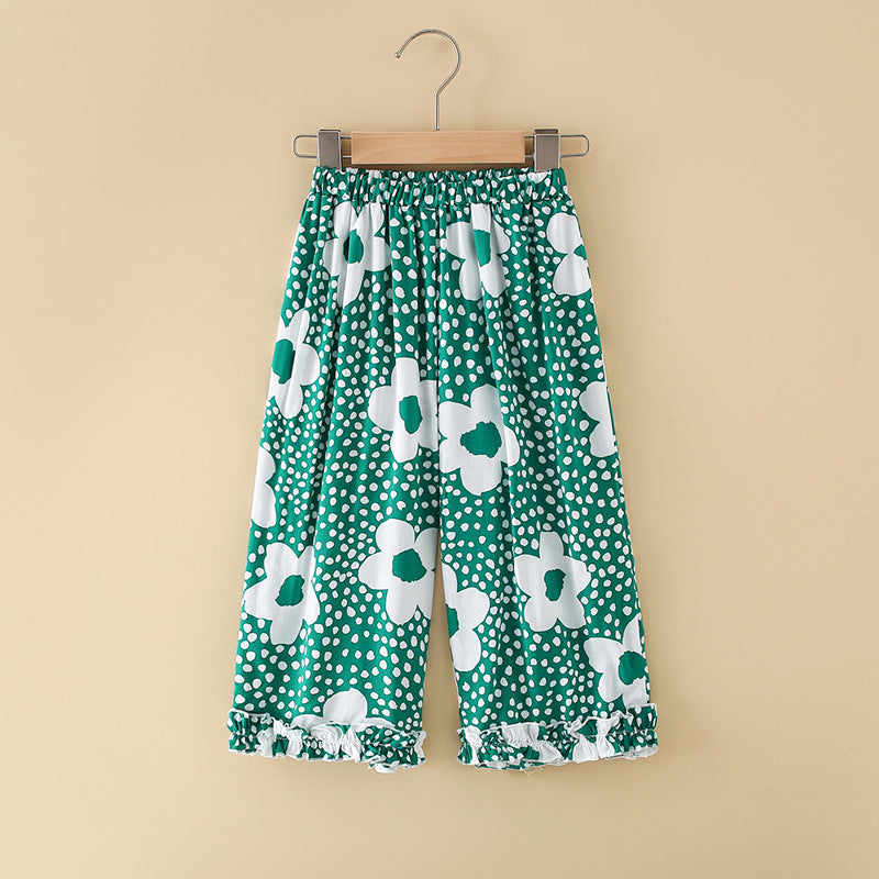 Girls' rayon summer lightweight pajama pants - cartoon print, loose fit, breathable, can be worn outdoors, cropped length