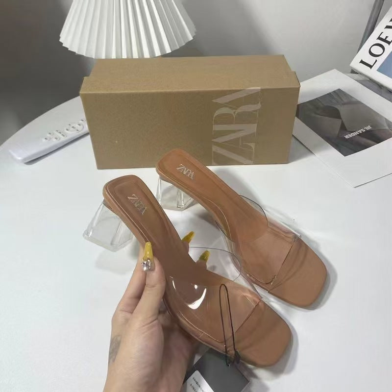 Za summer new chunky heel women's shoes square toe ankle strap high heels women's pvc open toe slingback glass heel sandals