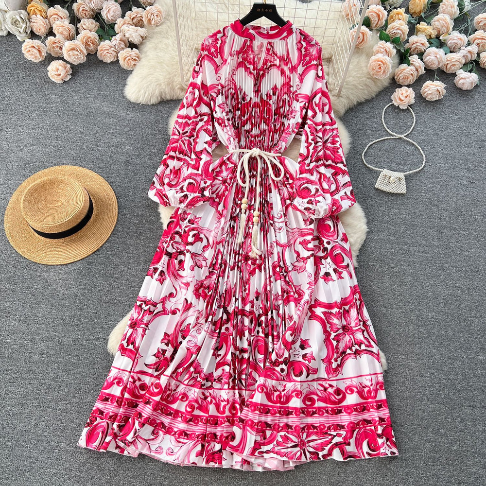 European and american retro court style design printed long dress with heavy pleating, puff sleeves, and pleated skirt - spring collection for women
