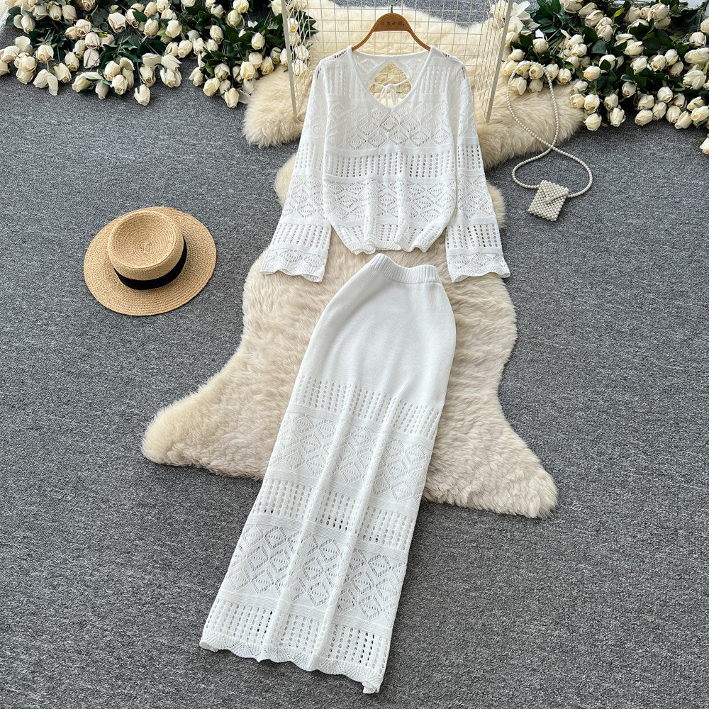 French chic crochet knit two-piece set: elegant, versatile, and slimming top & midi skirt outfit