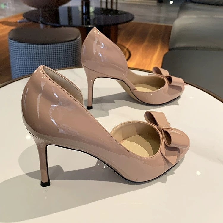 Nude high heels women's stiletto heels 2025 spring and autumn new bow round toe celebrity classy side open patent leather flats