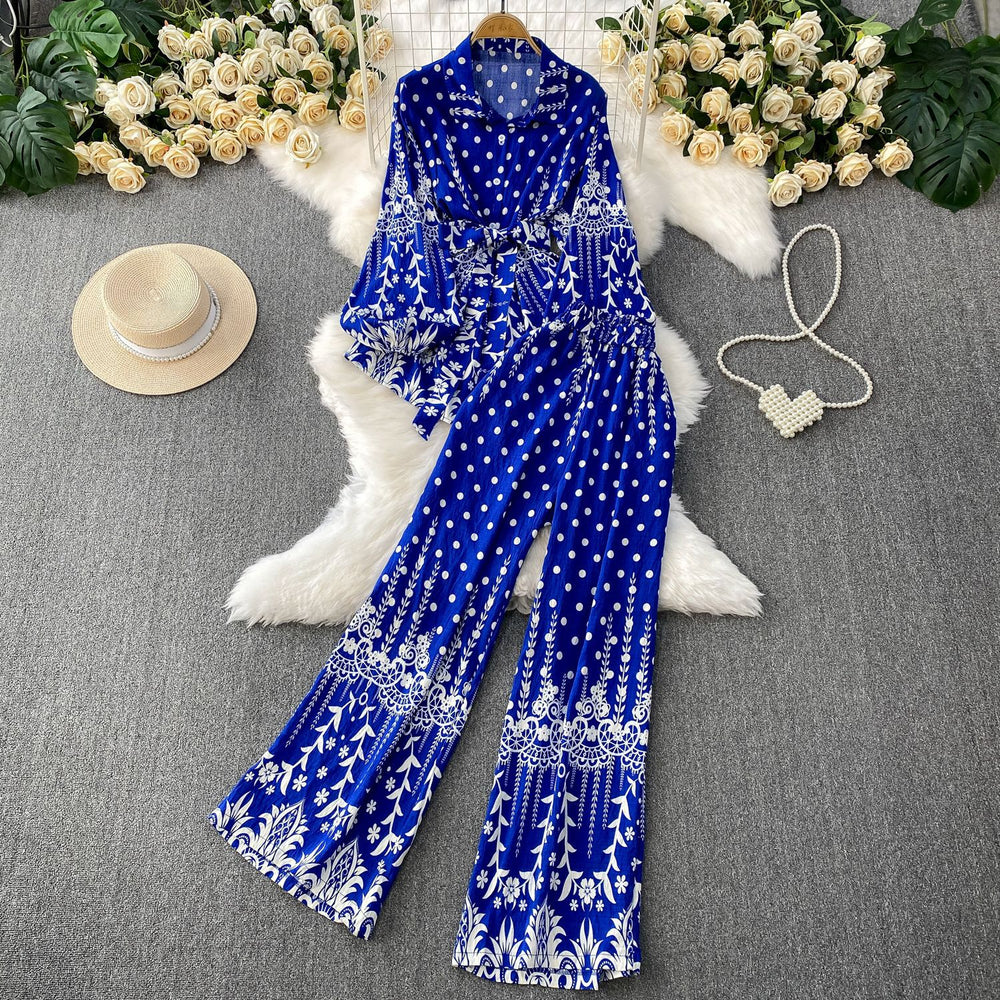 retro style printed lantern sleeve sun protection shirt with turn-down collar and cinched waist + high-waisted slimming wide-leg pants set