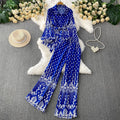 retro style printed lantern sleeve sun protection shirt with turn-down collar and cinched waist + high-waisted slimming wide-leg pants set