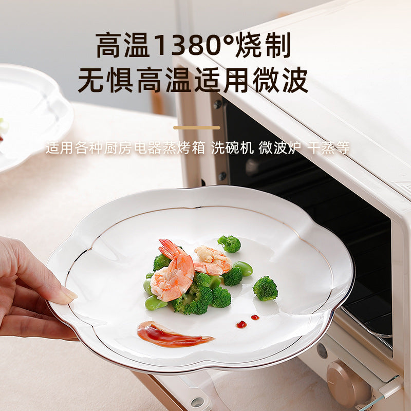 Wholesale gold-rimmed petal vegetable plate plum blossom plate for home ceramic dinner plate fish plate classy commercial cold dish plate