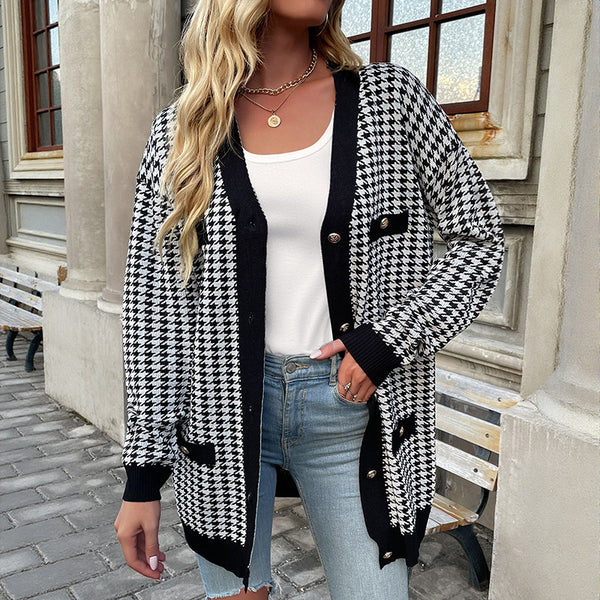 Independent Station Foreign Trade Hot Sale Casual European, American Autumn and Winter Women's Clothing Long Sleeve Cross-border Thousand Birds Sweater Jacket