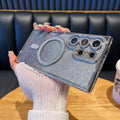 Rhinestone-embellished magnetic glitter case for samsung s25 ultra, s26 plus, with diamond-studded lens protector and a16 case