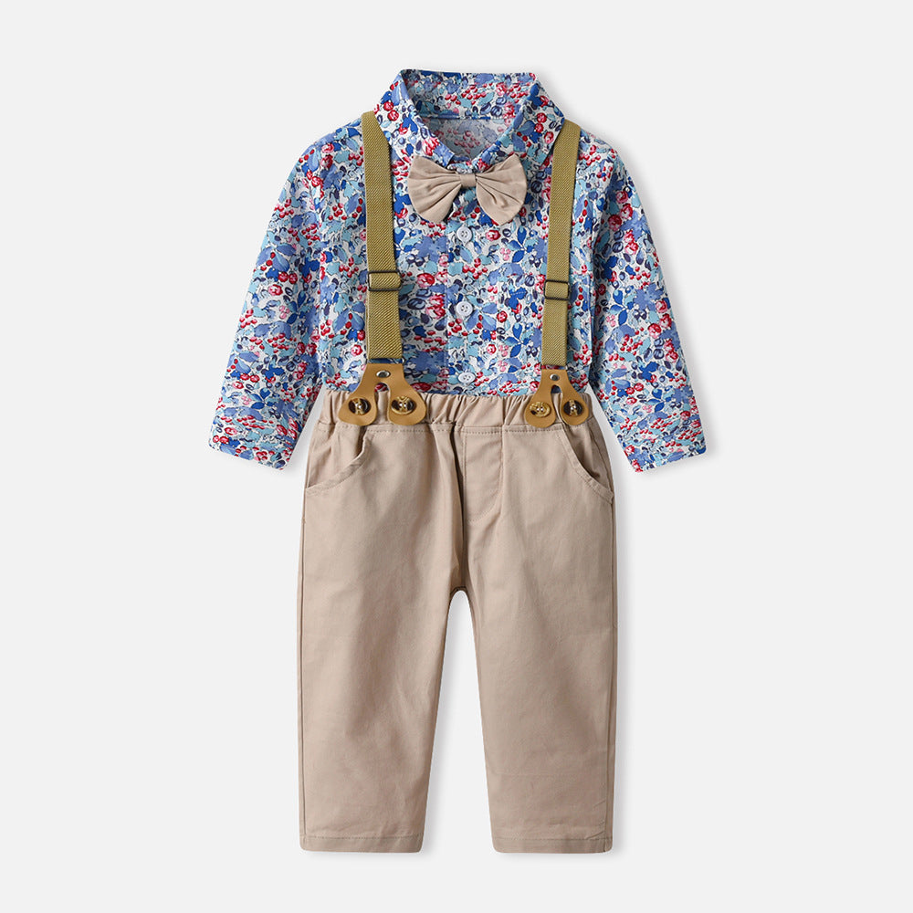 Wholesale new arrivals: children's clothing sets - boys' formal wear, long-sleeved floral shirt with bow tie, spring/summer overalls