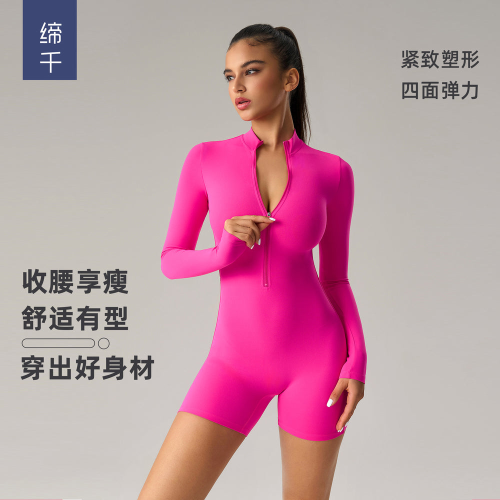 European and american zipper long sleeve bodysuit fitness activewear sexy tight peach butt yoga suit women dlt003