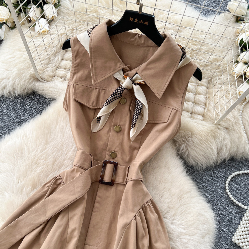 Frenchwork clothing sleeveless a-line light mature style dress women's summer khaki high waist waist slimming lookelegant short skirt