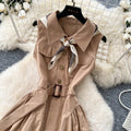 Frenchwork clothing sleeveless a-line light mature style dress women's summer khaki high waist waist slimming lookelegant short skirt