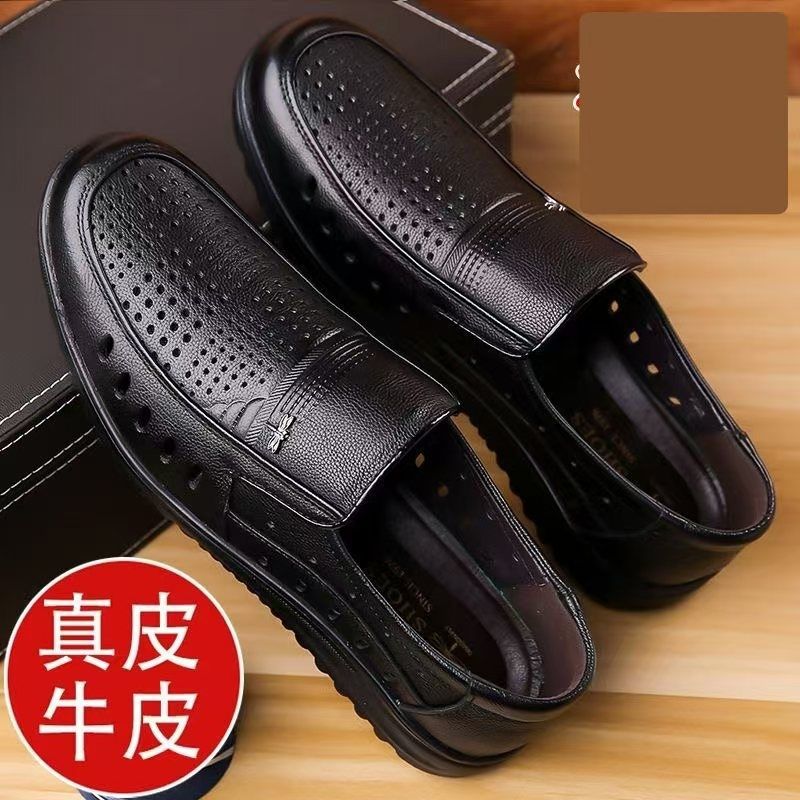 Summer cowhide leather sandals for men - casual, genuine leather, soft sole, perforated, breathable, non-slip, hollow-out design - perfect for middle-aged and elderly dads