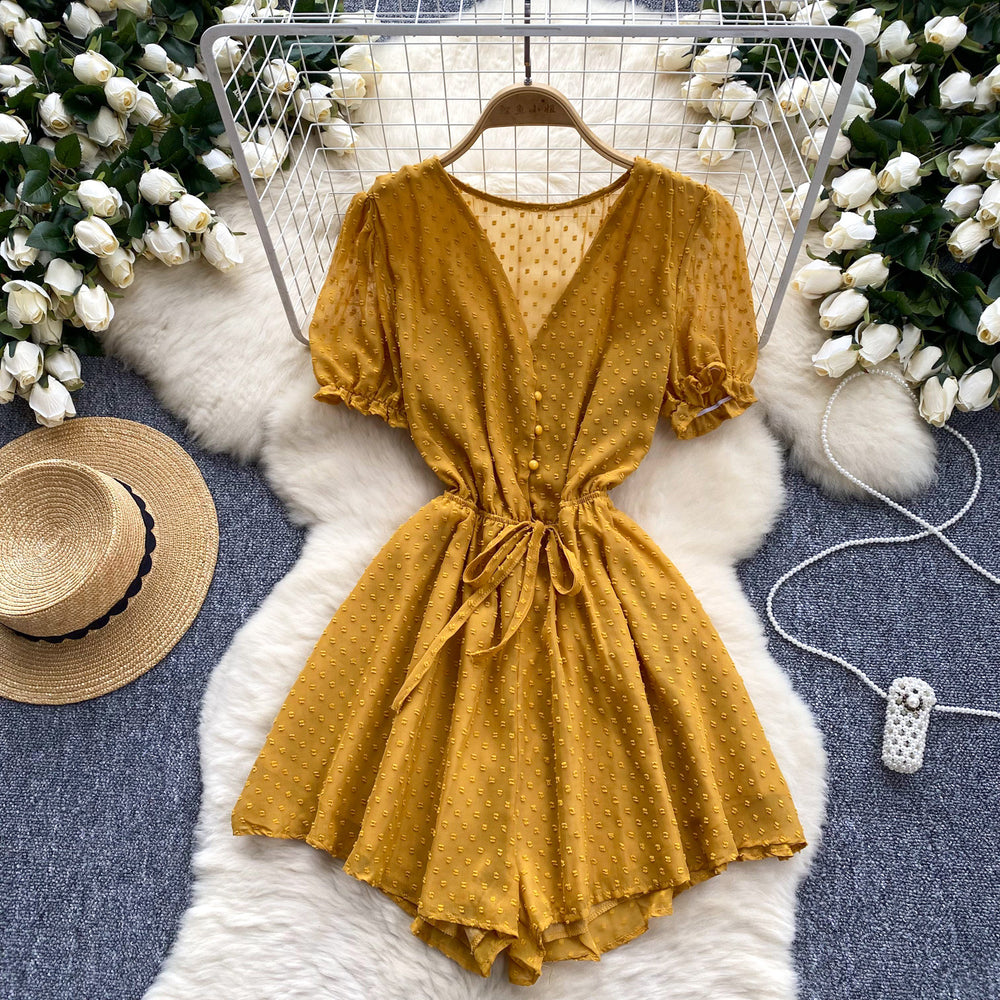 Women's jumpsuit beach vacation shorts summer new v-neck puff sleeve tie-waist versatile wide-leg shorts