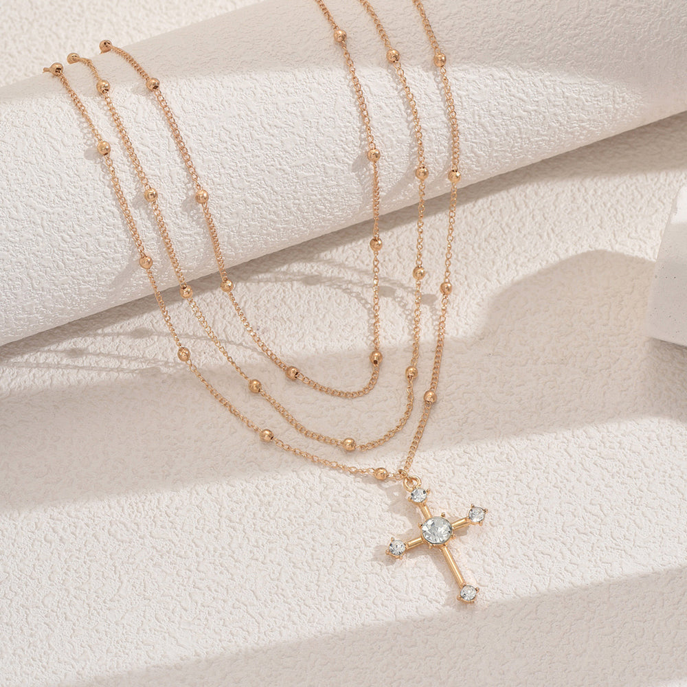 Wholesale diamond-encrusted choker necklace, european and american style cross-border sweater chain, alloy necklace for women, multi-layered wearing, cross pendant necklace