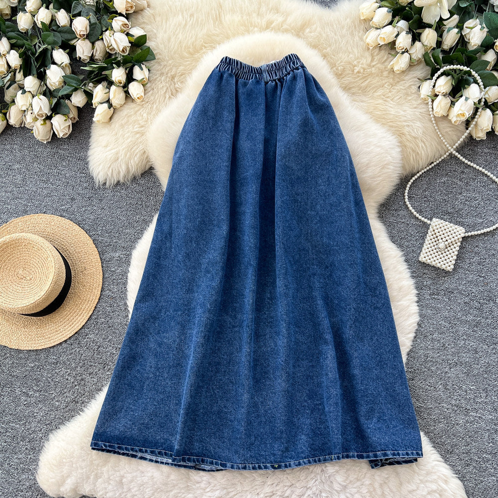 K-styleretroartsy silk scarf denimcasual skirt women's springhigh waistslimming looka-line long skirtwork clothinghong kong style