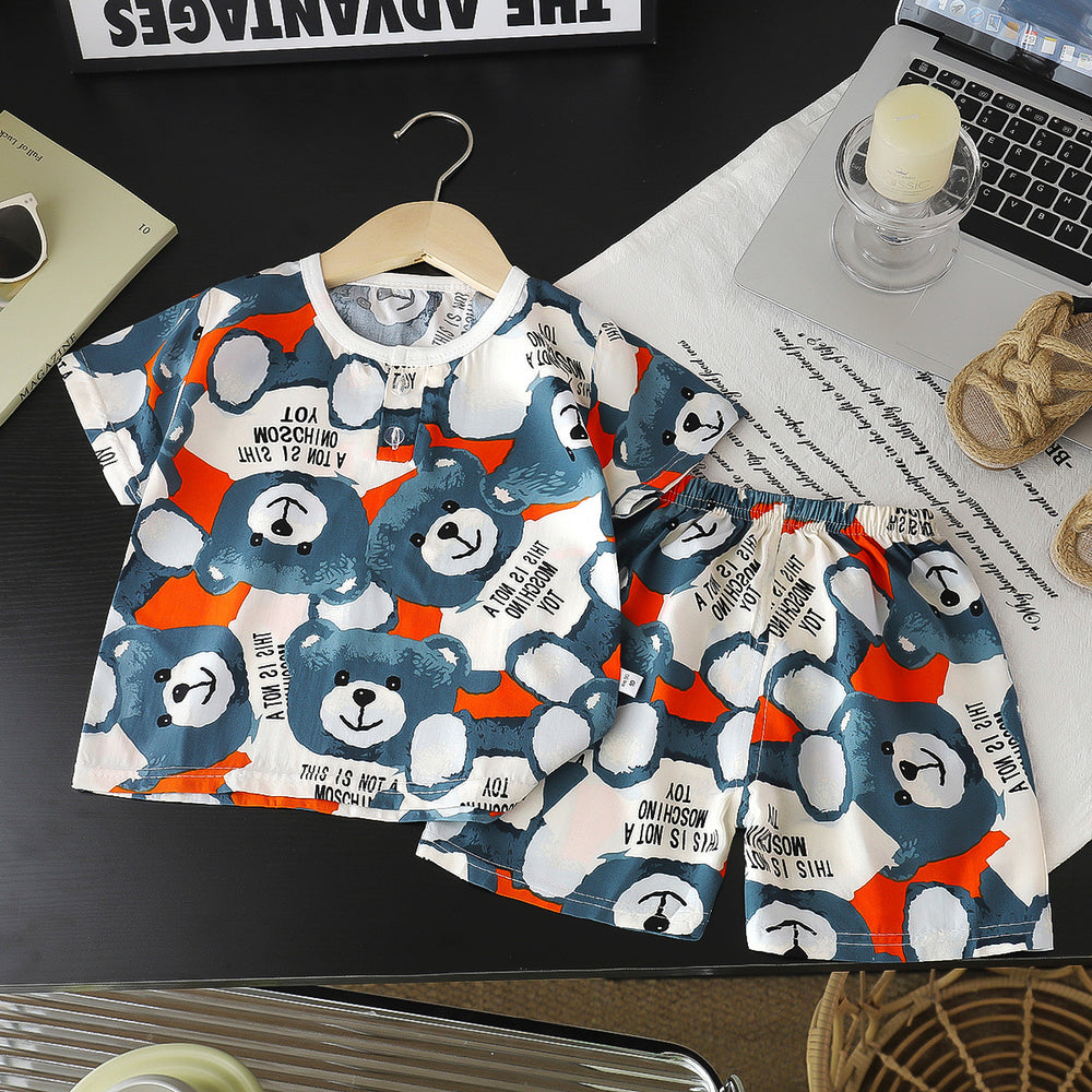 Summer children's cotton silk short-sleeve set: boys' loungewear, girls' cotton silk pajamas, baby air conditioning suit, wholesale children's clothing