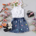 Children's clothing  cross-border european and american girls summer sling stereo flower jeans set