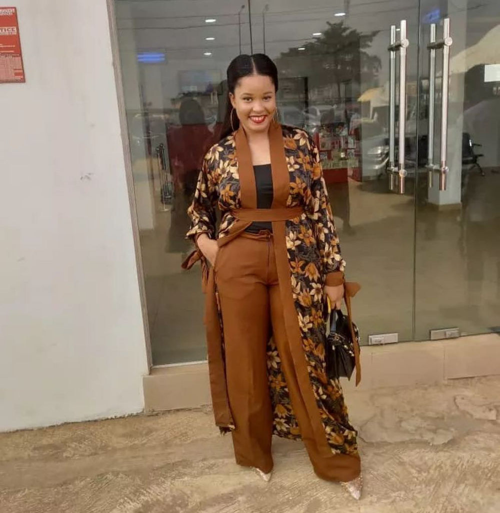 African-inspired digital print slim-fit long shawl robe with solid color knit wide-leg trousers - special offer