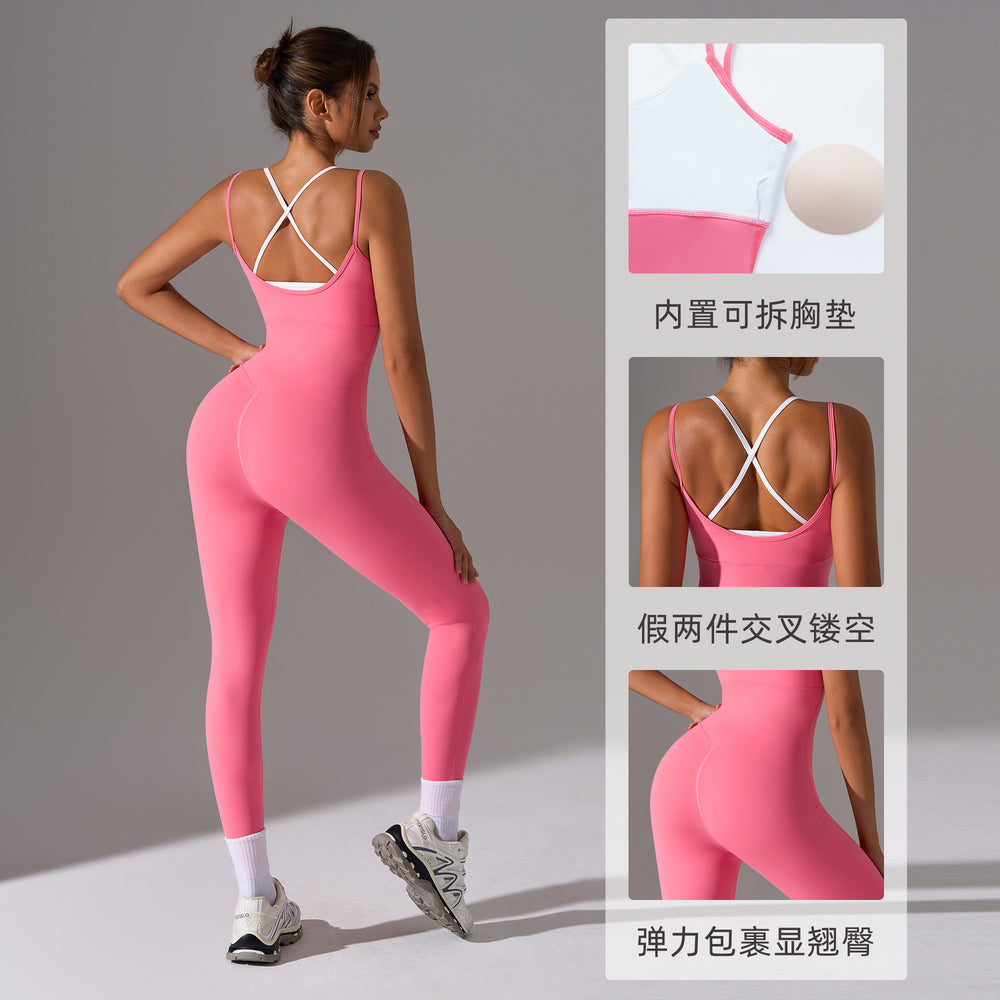European and american cross-border fake two-piece suspender yoga suit one-piece sexy back lifting butt fitness jumpsuit women dlt015