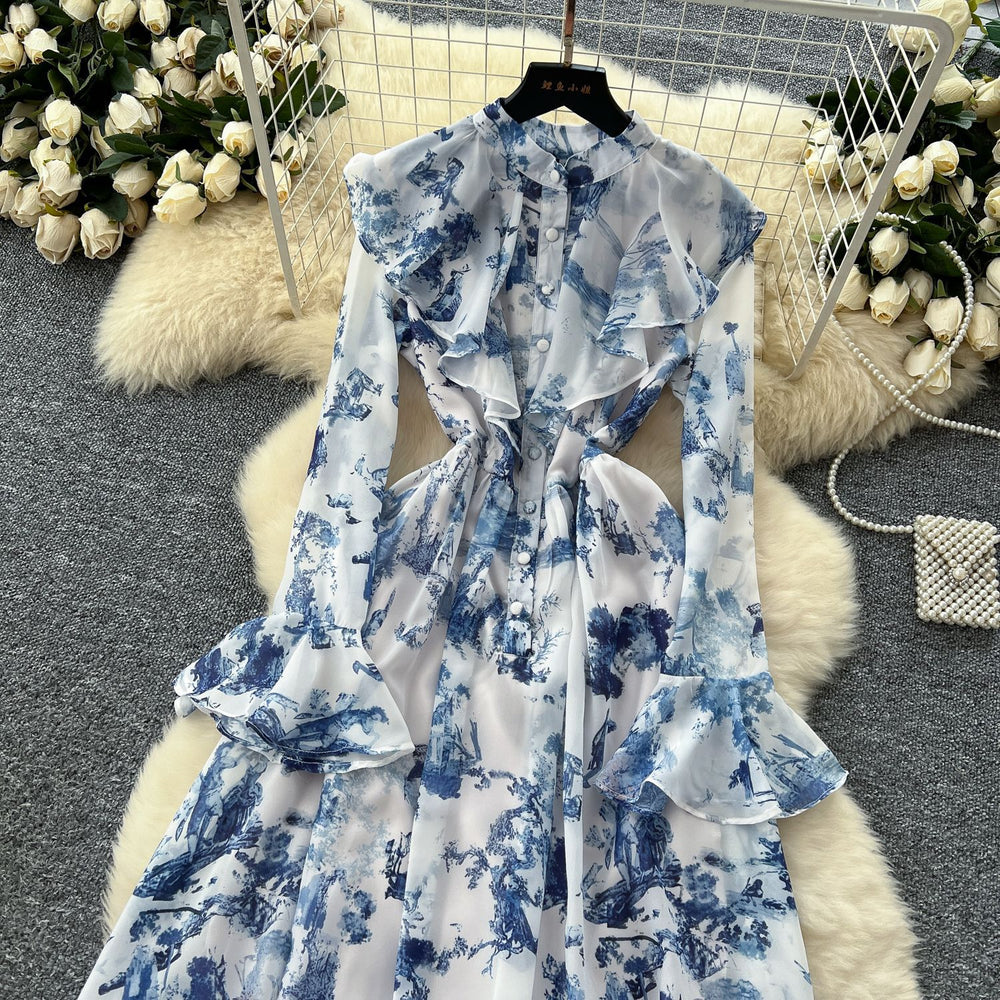 French chic elegant women's dress - designer ruffle trim, patchwork waist, slim fit, printed chiffon maxi dress