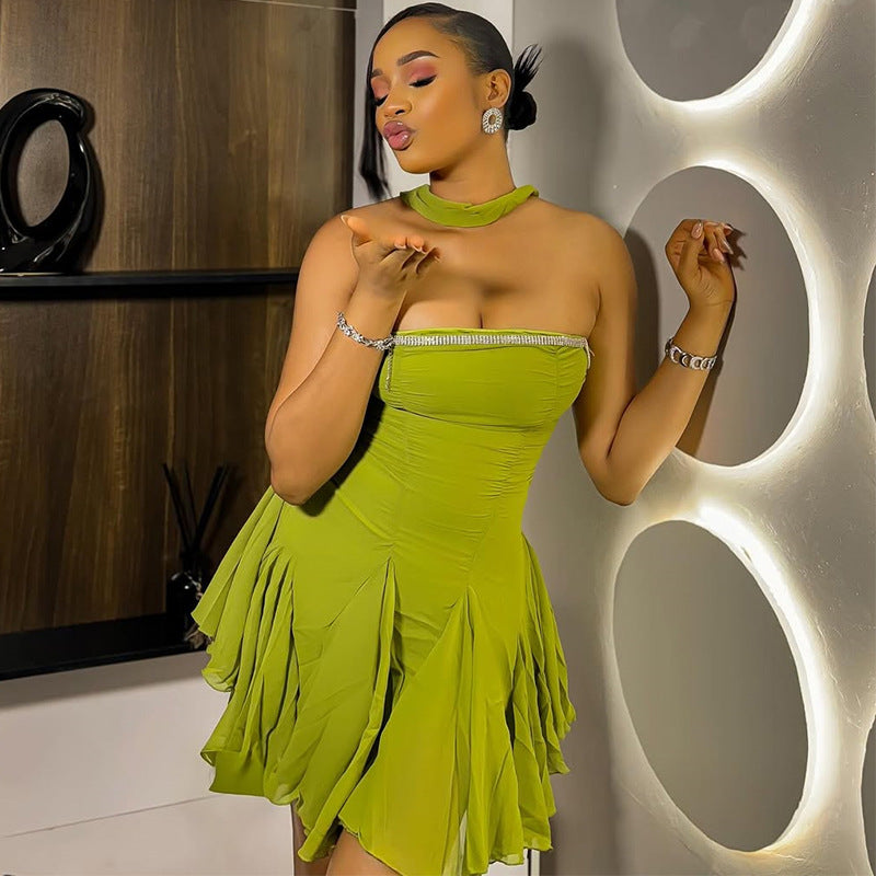 European and american cross-border women's fashion:  summer new arrivals - sexy and chic bandeau mini dress with asymmetrical hem and strappy detail