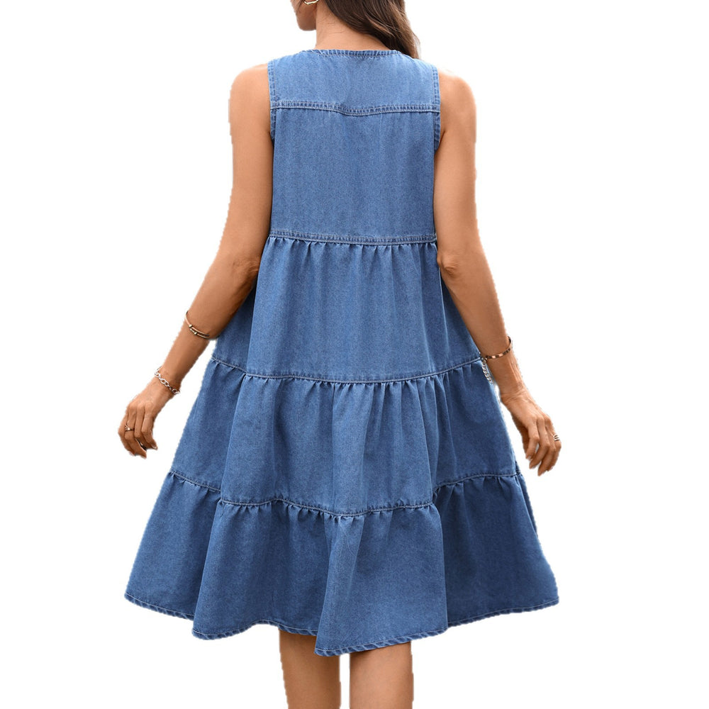 Fashion cross-border foreign trade  washed sleeveless tie back denim cake round neck layered stitching loosedress