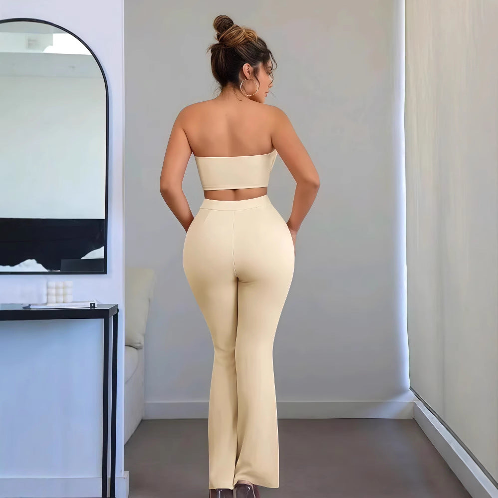 European and american cross-border women's fashion  summer new arrival: solid color exquisite small floral bandeau top and flared leggings two-piece set