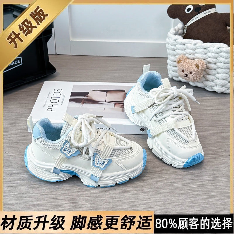 spring new butterfly embellished mesh kids' shoes, thick-soled non-slip children's chunky sneakers, girls' casual athletic shoes