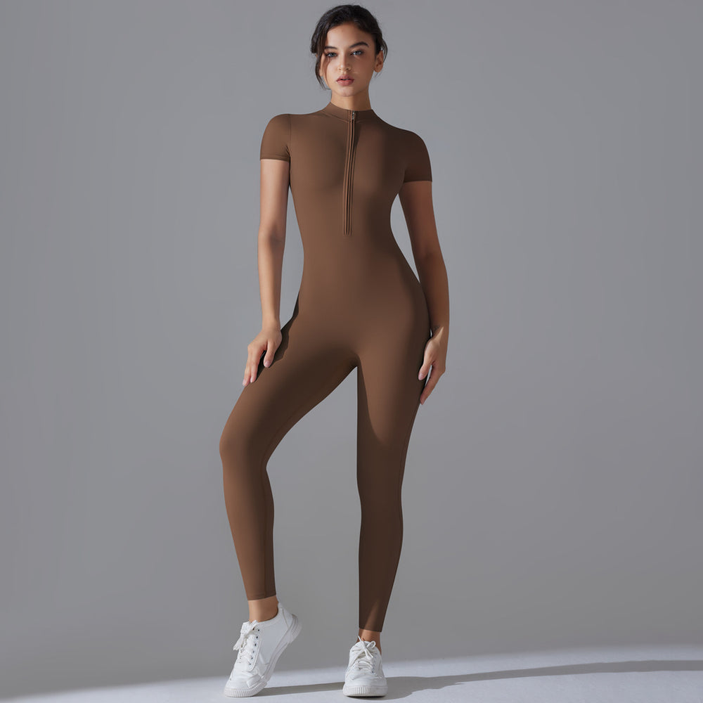 European and american nude feel zipper short sleeve yoga bodysuit - quick-dry, breathable, outdoor sports compression suit - fitness apparel